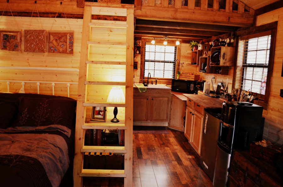 The living area and kitchen inside the Bennetts' tiny cabin.